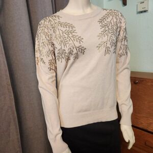 Liv Milano Women's Sweater Gold Rhinestone tree Bough Design Sparkly On Ivory L